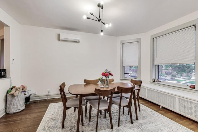 4433 N Artesian Ave, Chicago, IL 60625 - dining room with radiator heating unit, a wall unit AC, wood finished floors, a chandelier, and baseboards