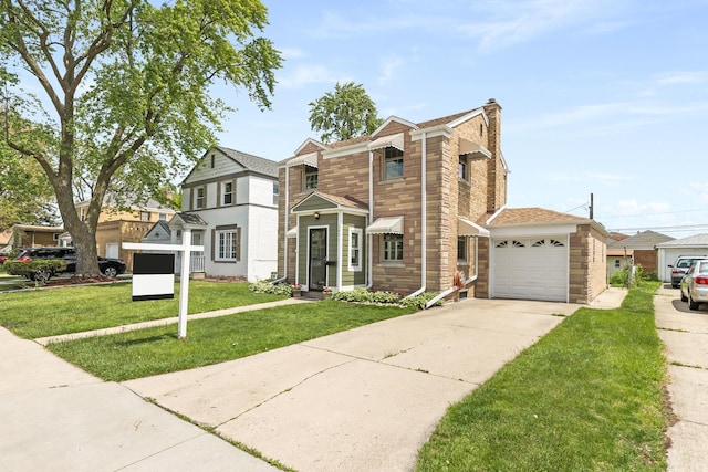 5471 N Octavia Ave, Chicago, IL 60656 - view of front of house featuring a front lawn, a garage, a chimney, driveway, and a shingled roof