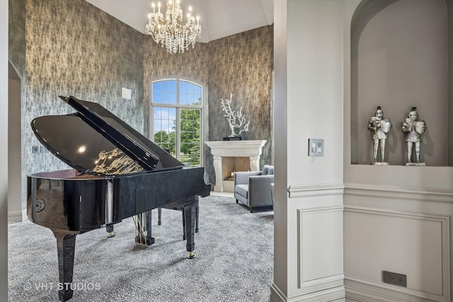 14 Vandenbergh Dr, South Barrington, IL 60010 - living area featuring a chandelier, carpet flooring, arched walkways, and a fireplace