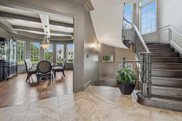 14 Vandenbergh Dr, South Barrington, IL 60010 - foyer featuring stairway, coffered ceiling, a chandelier, and beamed ceiling