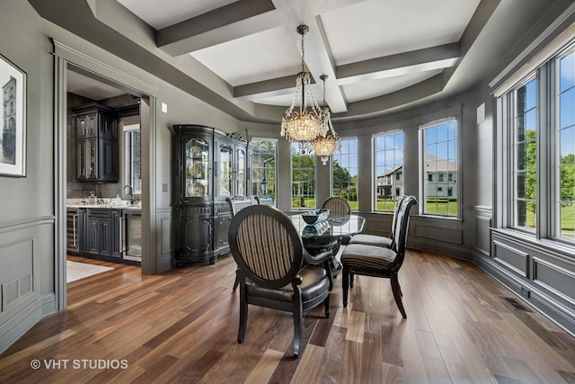 14 Vandenbergh Dr, South Barrington, IL 60010 - dining space featuring a chandelier, dark wood-style flooring, coffered ceiling, beam ceiling, and wine cooler