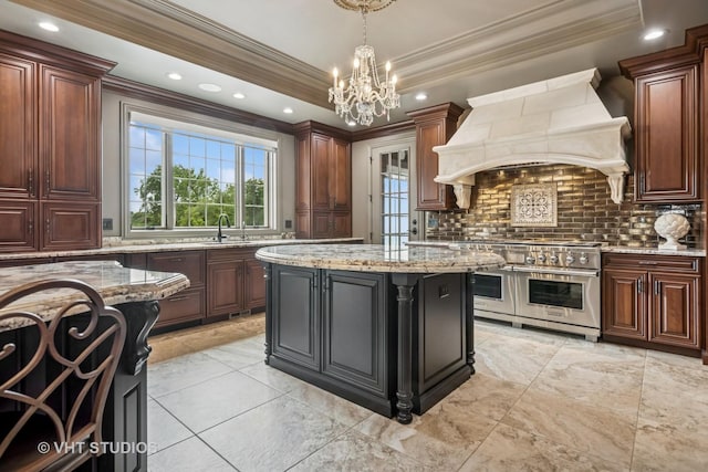 14 Vandenbergh Dr, South Barrington, IL 60010 - kitchen featuring range with two ovens, custom range hood, ornamental molding, backsplash, and plenty of natural light