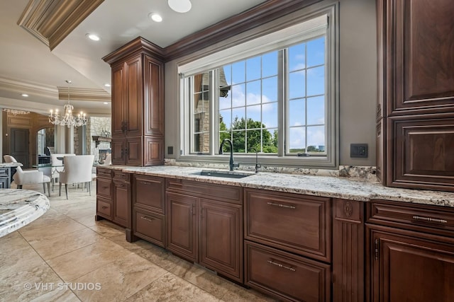 14 Vandenbergh Dr, South Barrington, IL 60010 - kitchen featuring a chandelier, crown molding, light stone countertops, hanging light fixtures, and recessed lighting