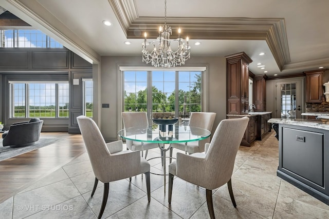 14 Vandenbergh Dr, South Barrington, IL 60010 - dining area with a raised ceiling, crown molding, a chandelier, healthy amount of natural light, and recessed lighting