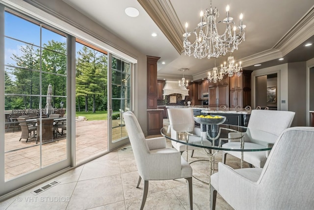 14 Vandenbergh Dr, South Barrington, IL 60010 - dining space featuring ornamental molding, recessed lighting, a chandelier, a tray ceiling, and light tile patterned floors