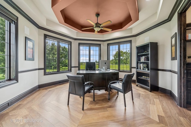 14 Vandenbergh Dr, South Barrington, IL 60010 - office area featuring a ceiling fan and a tray ceiling