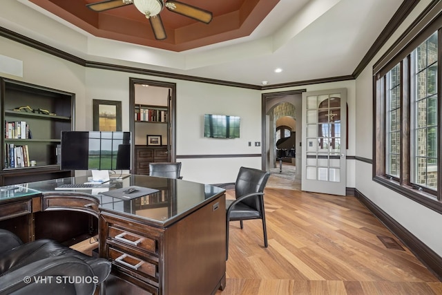14 Vandenbergh Dr, South Barrington, IL 60010 - home office with a raised ceiling, plenty of natural light, ceiling fan, light wood-style floors, and ornamental molding