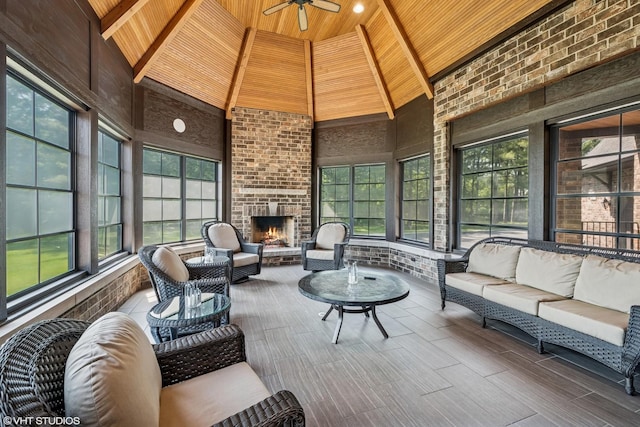 14 Vandenbergh Dr, South Barrington, IL 60010 - sunroom with an outdoor living space with a fireplace and ceiling fan