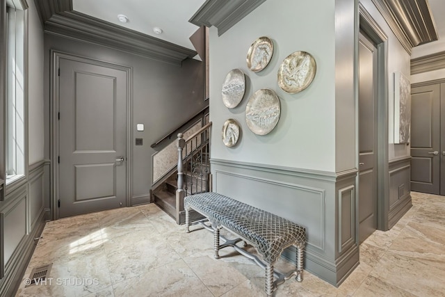 14 Vandenbergh Dr, South Barrington, IL 60010 - mudroom featuring a decorative wall, crown molding, and wainscoting