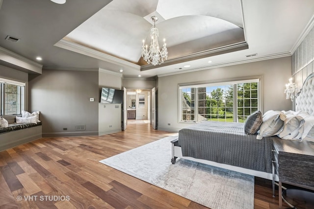 14 Vandenbergh Dr, South Barrington, IL 60010 - bedroom with a chandelier, a tray ceiling, ornamental molding, wood finished floors, and recessed lighting