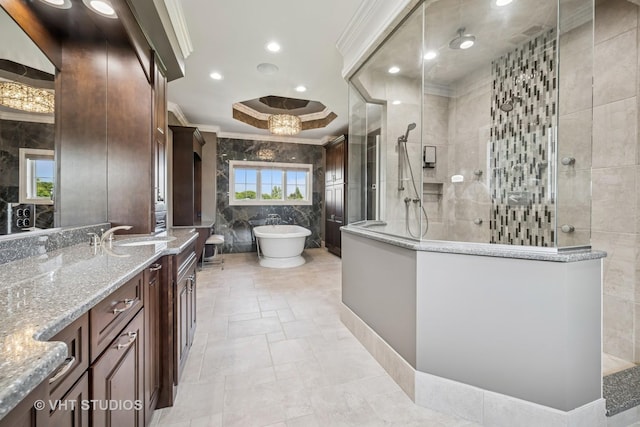 14 Vandenbergh Dr, South Barrington, IL 60010 - full bathroom with vanity, walk in shower, a soaking tub, tile walls, and ornamental molding