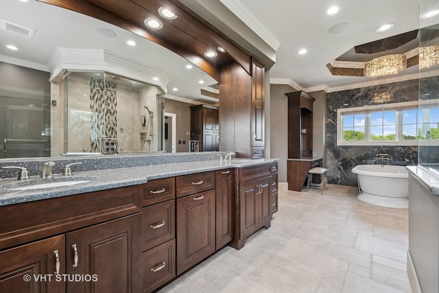 14 Vandenbergh Dr, South Barrington, IL 60010 - full bath featuring ornamental molding, a shower stall, double vanity, a freestanding tub, and recessed lighting