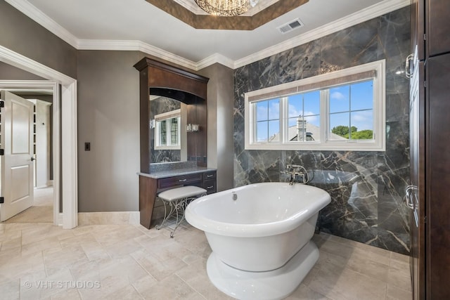 14 Vandenbergh Dr, South Barrington, IL 60010 - full bathroom with a freestanding tub, vanity, a chandelier, ornamental molding, and a raised ceiling
