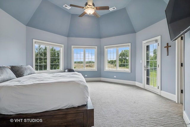 14 Vandenbergh Dr, South Barrington, IL 60010 - bedroom with carpet flooring, access to outside, high vaulted ceiling, and ceiling fan