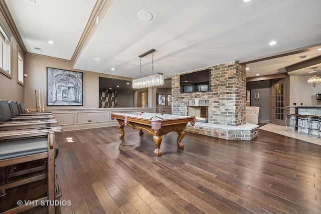 14 Vandenbergh Dr, South Barrington, IL 60010 - recreation room with hardwood / wood-style flooring, pool table, a fireplace, recessed lighting, and a decorative wall