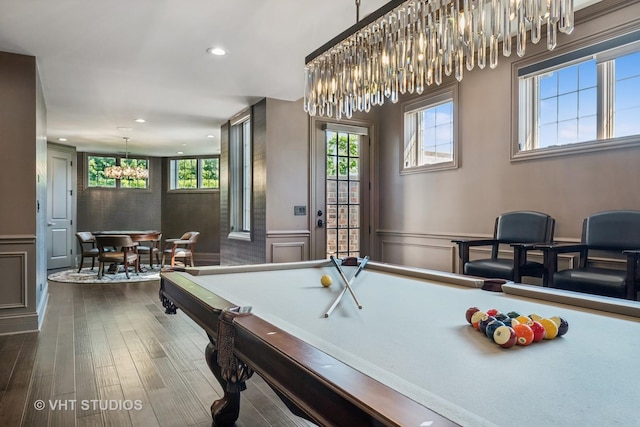 14 Vandenbergh Dr, South Barrington, IL 60010 - recreation room with a decorative wall, a chandelier, recessed lighting, a wainscoted wall, and wood finished floors