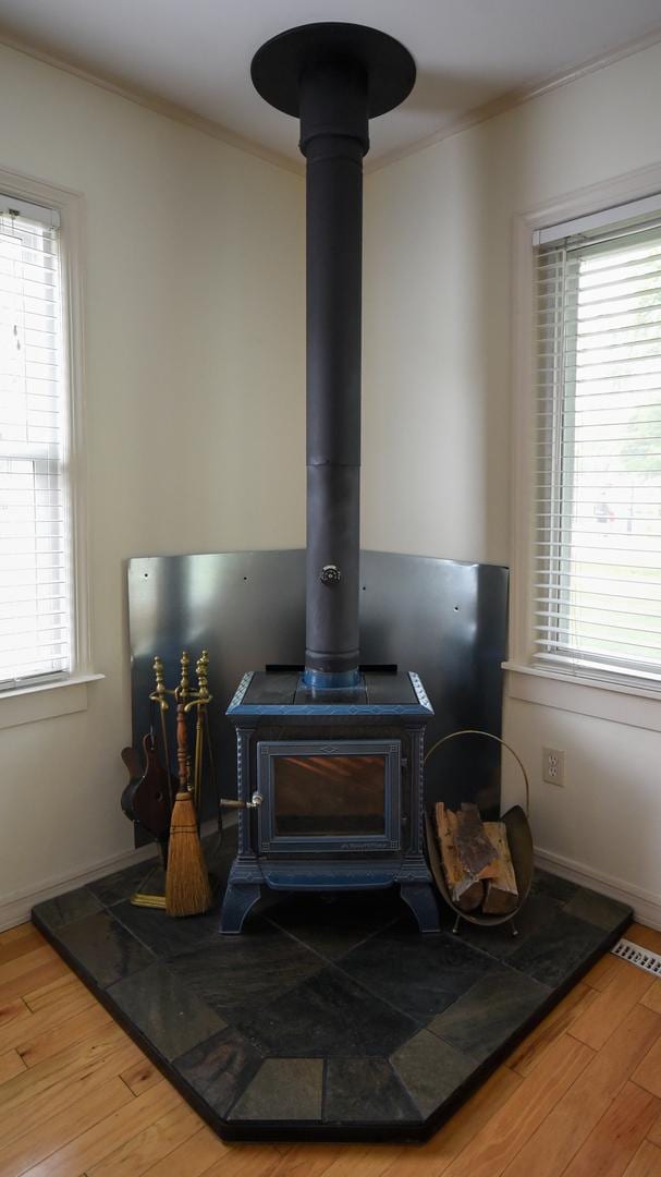 307 Highland Rd, Grayslake, IL 60030 - detailed view of a wood stove, crown molding, and wood finished floors