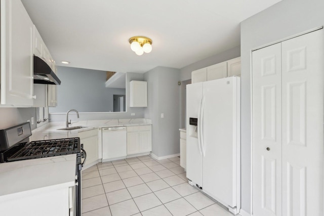 1173 Lamb Ln, Gurnee, IL 60031 - kitchen with white appliances, a sink, range hood, white cabinetry, and light tile patterned floors