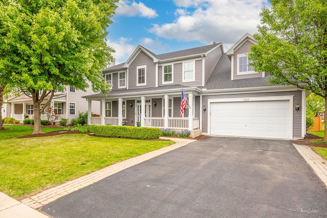 13825 Trillium Ln, Plainfield, IL 60544 - view of front of house featuring a porch, asphalt driveway, a front lawn, and roof with shingles