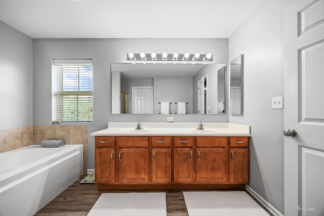 13825 Trillium Ln, Plainfield, IL 60544 - bathroom with double vanity, wood finished floors, and a bath