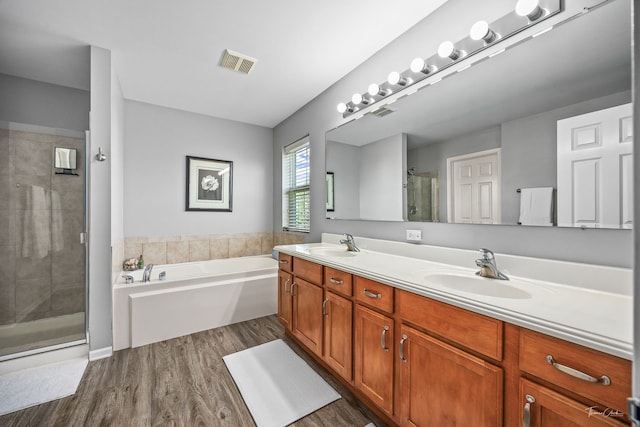 13825 Trillium Ln, Plainfield, IL 60544 - bathroom featuring wood finished floors, a shower stall, a garden tub, and double vanity