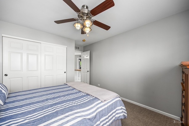 13825 Trillium Ln, Plainfield, IL 60544 - bedroom featuring carpet floors, baseboards, a closet, and a ceiling fan