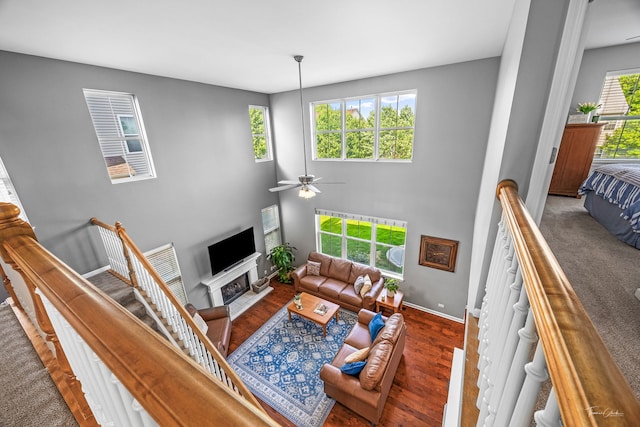 13825 Trillium Ln, Plainfield, IL 60544 - living room featuring a ceiling fan, wood finished floors, a fireplace with raised hearth, and baseboards