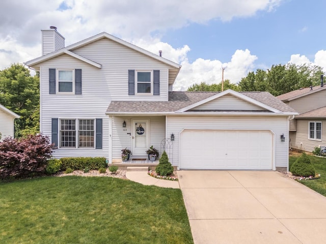 1613 Cutter Ct, Normal, IL 61761 - traditional-style home featuring a garage, a front yard, driveway, a chimney, and a shingled roof