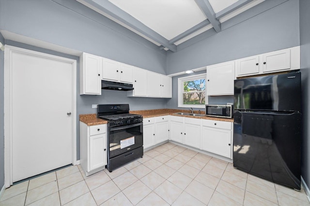 176 Monee Rd, Park Forest, IL 60466 - kitchen with black appliances, under cabinet range hood, a sink, beamed ceiling, and white cabinets