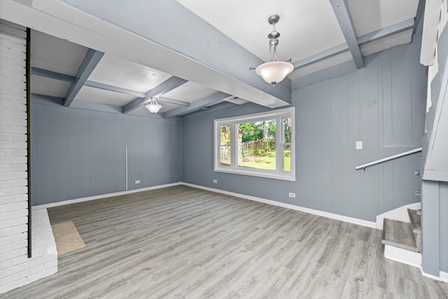 176 Monee Rd, Park Forest, IL 60466 - empty room with beamed ceiling, wood finished floors, baseboards, coffered ceiling, and stairs