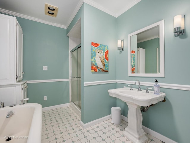 739 N E Ave, Oak Park, IL 60302 - bathroom featuring a stall shower, a tub to relax in, baseboards, and crown molding
