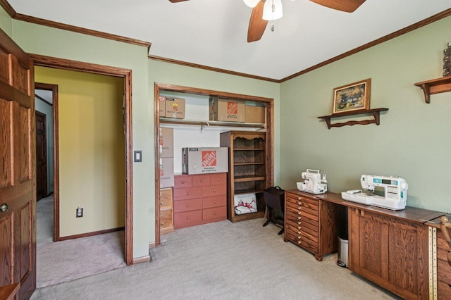 36746 N Eastmoor Ave, Lake Villa, IL 60046 - office space featuring ceiling fan, light carpet, and ornamental molding