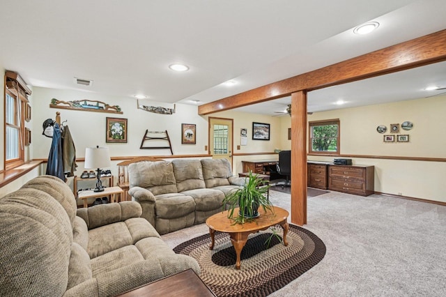 36746 N Eastmoor Ave, Lake Villa, IL 60046 - living area featuring recessed lighting, carpet, a desk, beamed ceiling, and ceiling fan