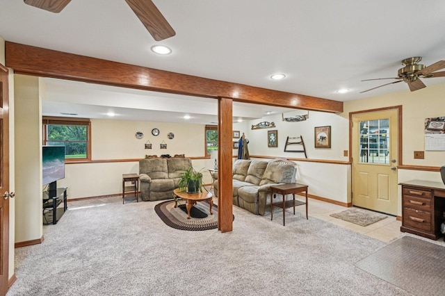 36746 N Eastmoor Ave, Lake Villa, IL 60046 - living area with a ceiling fan, recessed lighting, light colored carpet, and beam ceiling