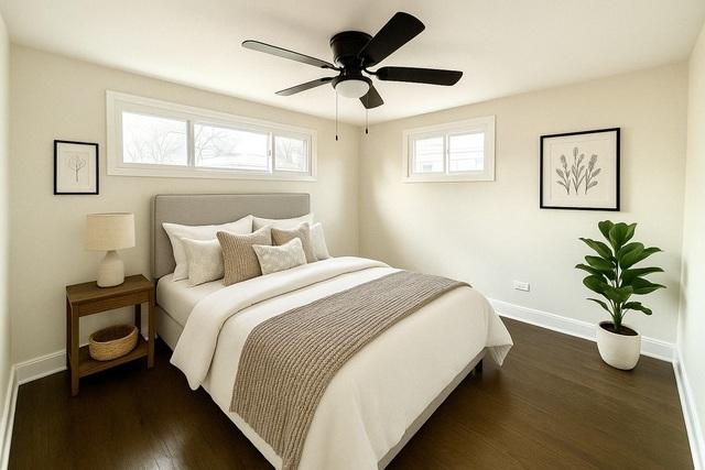 14409 Kimbark Ave, Dolton, IL 60419 - bedroom with baseboards, dark wood finished floors, and a ceiling fan