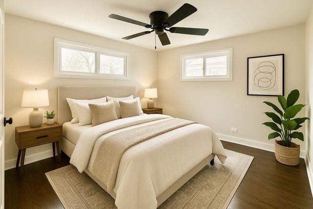 14409 Kimbark Ave, Dolton, IL 60419 - bedroom with baseboards, dark wood-style floors, and ceiling fan
