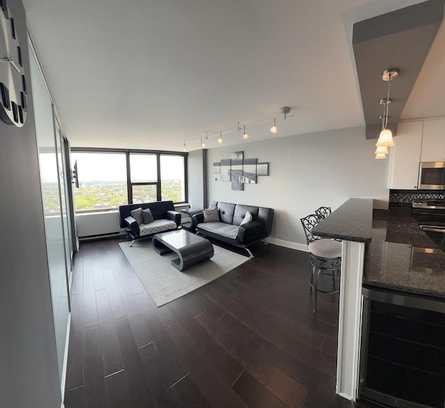 1850 N Clark St Unit 2106, Chicago, IL 60614 - living room featuring beverage cooler, dark wood finished floors, baseboards, and rail lighting