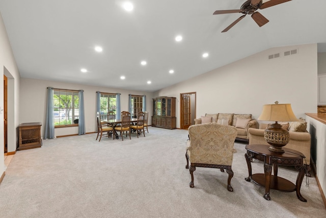 1527 62nd St, Downers Grove, IL 60516 - living area featuring recessed lighting, light carpet, a ceiling fan, and vaulted ceiling