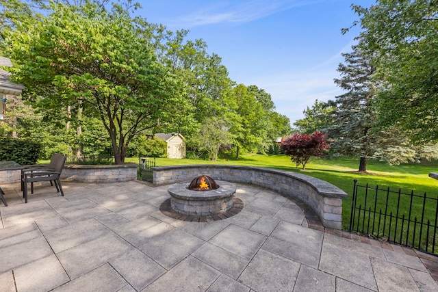 1527 62nd St, Downers Grove, IL 60516 - view of patio / terrace featuring an outdoor fire pit and a storage unit