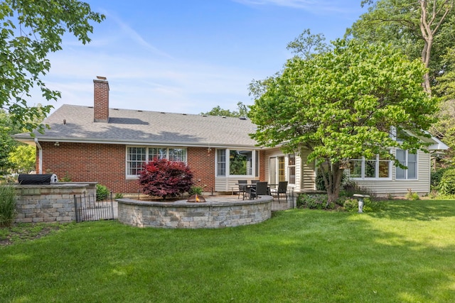 1527 62nd St, Downers Grove, IL 60516 - rear view of house with a patio area, a chimney, a yard, and brick siding
