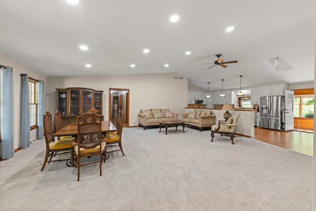 1527 62nd St, Downers Grove, IL 60516 - dining area with light colored carpet, ceiling fan, vaulted ceiling, and recessed lighting