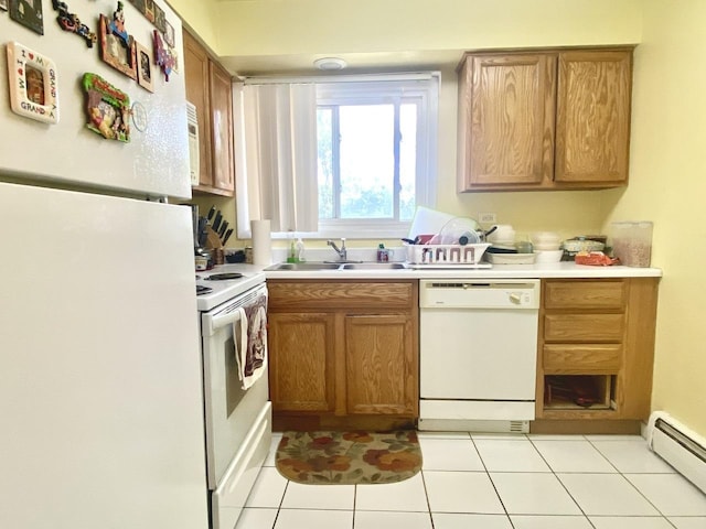 322 N Carter St Unit 102, Palatine, IL 60067 - kitchen featuring white appliances, a baseboard radiator, a sink, light tile patterned floors, and light countertops