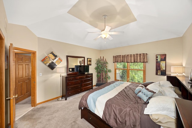 595 Sudbury Cir, Oswego, IL 60543 - bedroom with lofted ceiling, light carpet, ceiling fan, and baseboards
