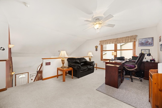 595 Sudbury Cir, Oswego, IL 60543 - carpeted office featuring ceiling fan, baseboards, and lofted ceiling