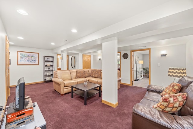 595 Sudbury Cir, Oswego, IL 60543 - living room with dark colored carpet, recessed lighting, and baseboards
