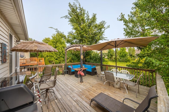 595 Sudbury Cir, Oswego, IL 60543 - wooden terrace with outdoor dining space and an outdoor hangout area