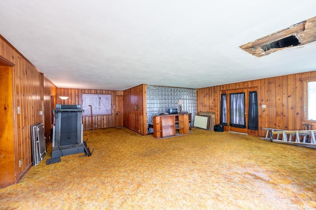 4 E Lincoln St, Mount Morris, IL 61054 - unfurnished living room with carpet floors, radiator heating unit, and wooden walls