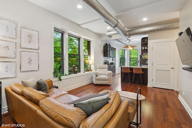 1956 W Bradley Pl Unit 2W, Chicago, IL 60613 - living area with dark wood finished floors, recessed lighting, and beamed ceiling