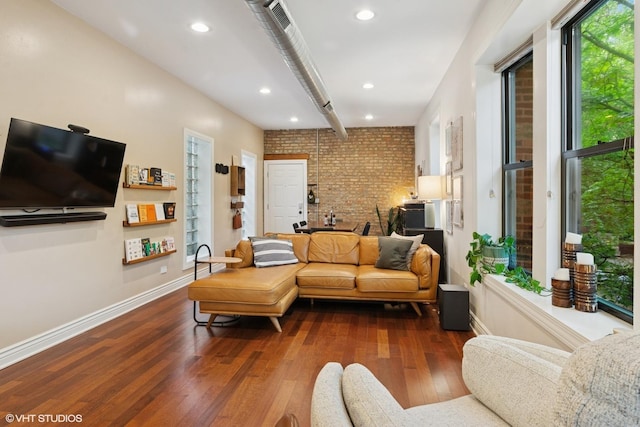 1956 W Bradley Pl Unit 2W, Chicago, IL 60613 - living area featuring wood-type flooring, brick wall, and recessed lighting