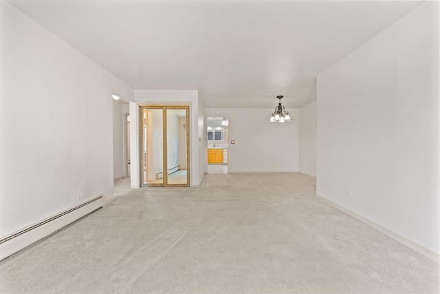 2155 N Harlem Ave Unit 205, Chicago, IL 60707 - unfurnished room featuring baseboard heating, a chandelier, light carpet, and a baseboard radiator